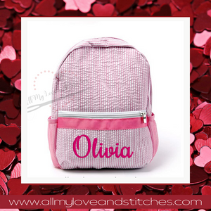 Monogrammed Pink Seersucker Preschool Backpack