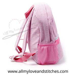 Monogrammed Pink Seersucker Preschool Backpack