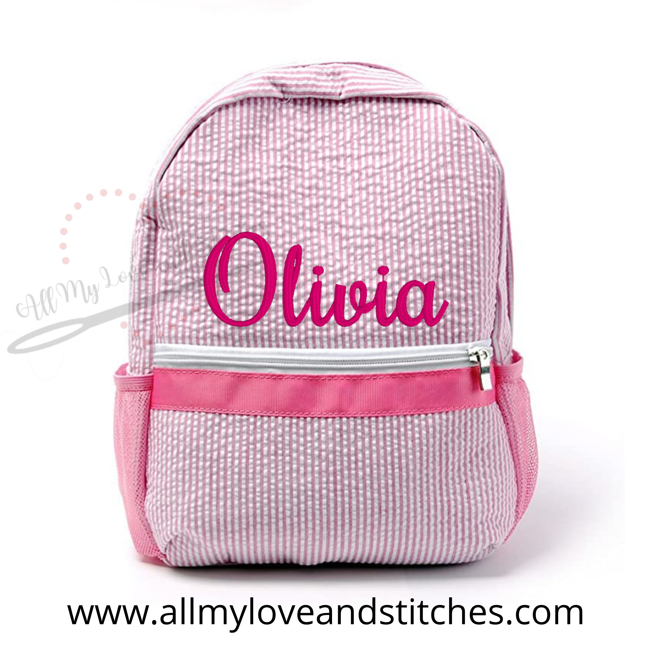 Monogrammed Pink Seersucker Preschool Backpack