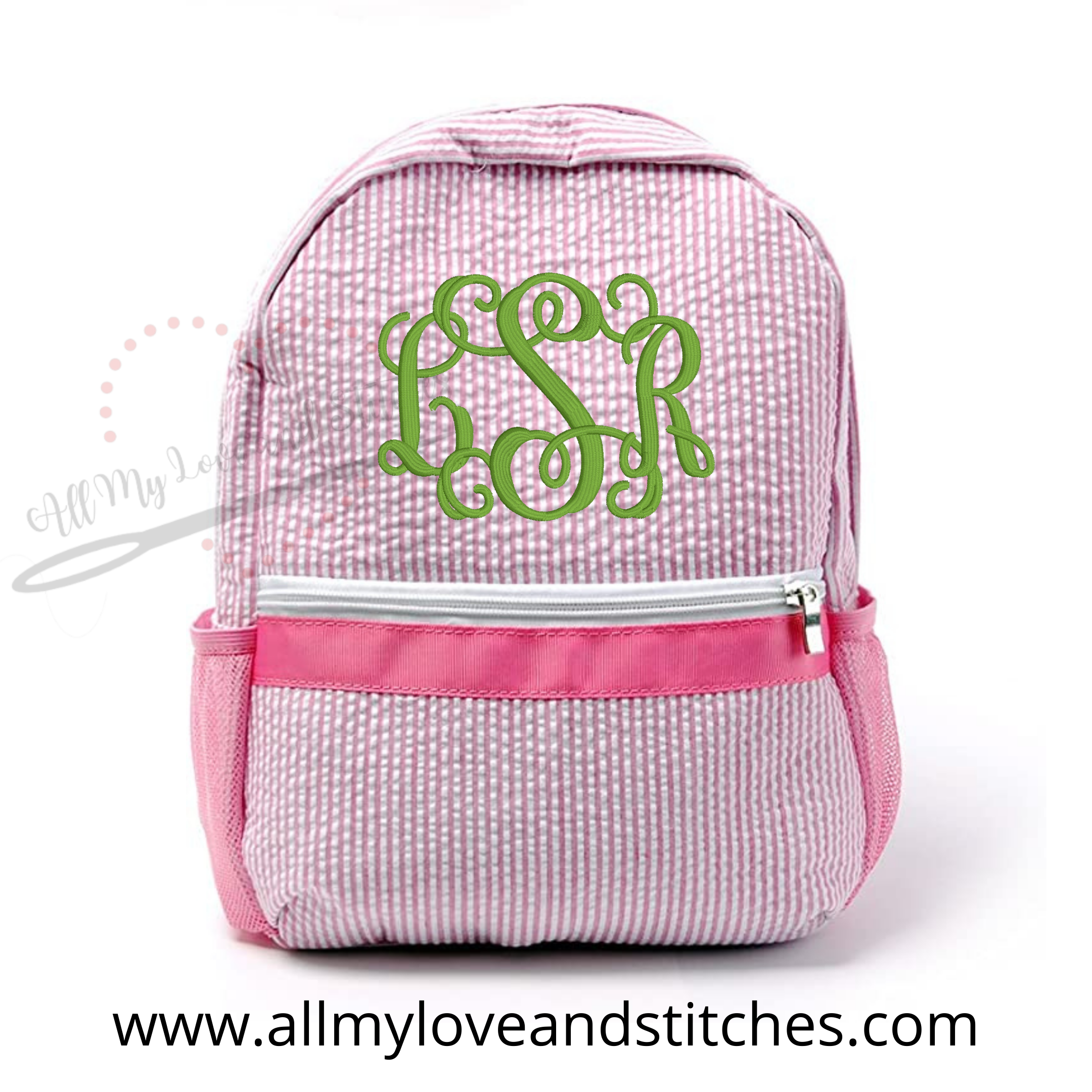 Monogrammed Pink Seersucker Preschool Backpack