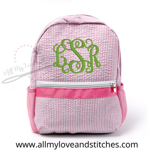 Monogrammed Pink Seersucker Preschool Backpack