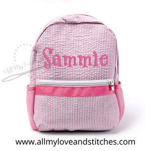 Monogrammed Pink Seersucker Preschool Backpack