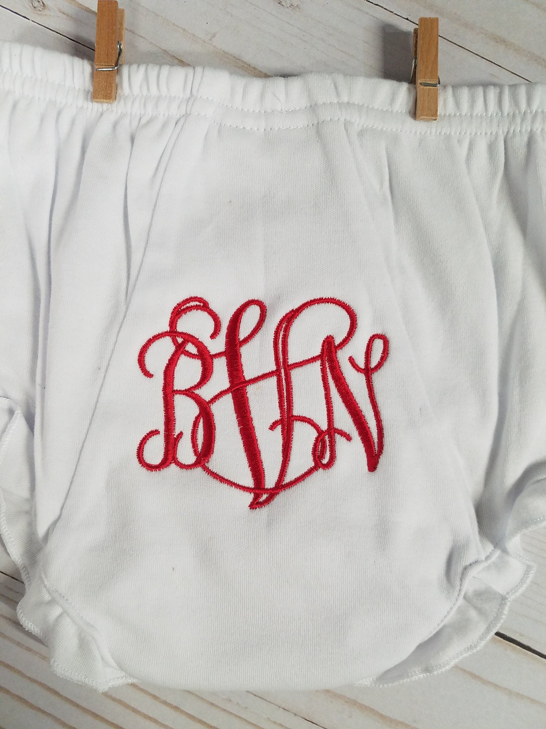 Monogrammed White Ruffled Baby Bloomers