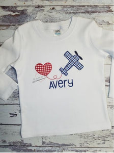 Valentine's Day Plane Pulling Heart Embroidered Toddler and Youth Shirt