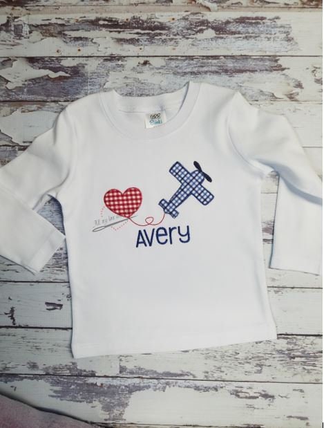 Valentine's Day Plane Pulling Heart Embroidered Toddler and Youth Shirt