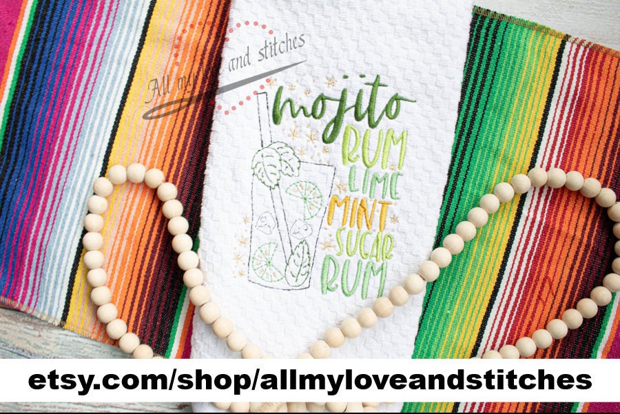 Mojito Drink Recipe Embroidered Kitchen Towel