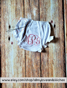 Monogrammed White Ruffled Baby Bloomers