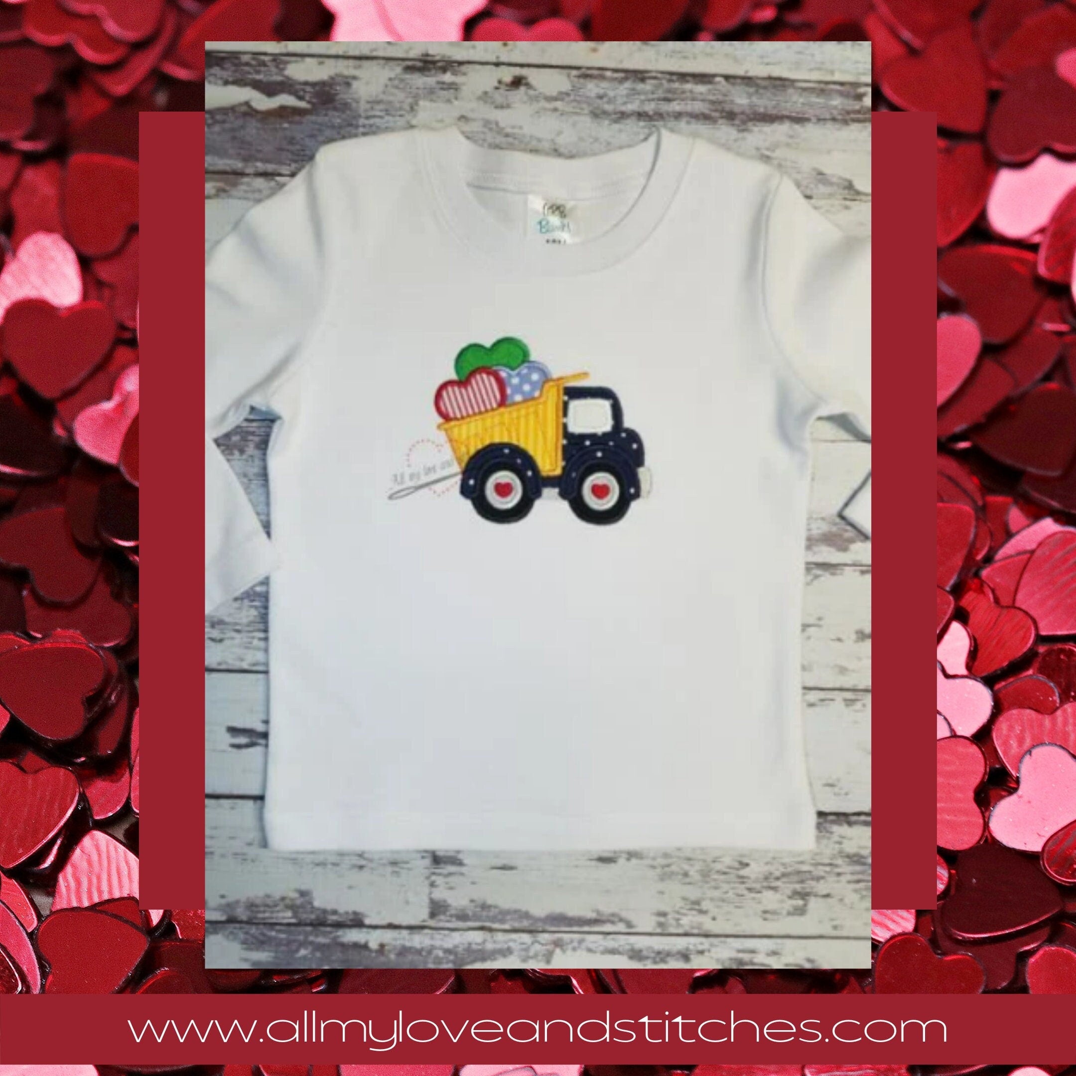 Valentine's Day Dump Truck with Load of Hearts Embroidered Toddler and Youth Shirt